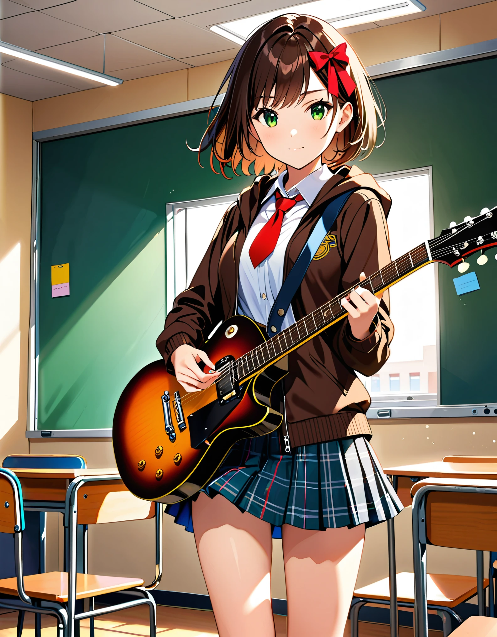 1girl, high school student, dark brown hoodie jacket, white shirt, red ribbon bow necktie, pleaded skirt, miniskirt, bare legs, black socks, brown shoes, jet black hair, short hair, green eyes, beautiful detailed eyes, beautiful detailed face, cute face, medium breasts, age 16-18, solo, solo focus, (playing guitar, electric guitar), classroom backdrop, warm lighting, empty classroom