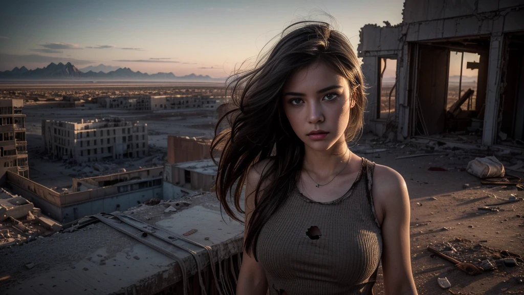 ((masterpiece, best quality, Highest image quality, high resolution, Reality, RAW photos, 8K)), Future city ruins,The post-nuclear world,desert,Beautiful girl,Broken clothes,Pretty face,dirty,Closed mouth,dramatic,Mid-range portrait,dusk