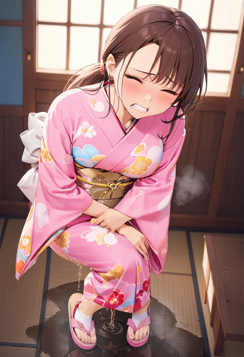 nsfw, (masterpiece, top quality, best quality, highly detailed:1.6), extremely detailed CG unity 8k wallpaper, (full body), wide shot, long shot, (close knees:3), (leaning forward:2), (standing:2), (((clutching crotch))), (woman standing on the shrine, outdoor), (Pastel Colors kimono, Maxi Length:2)),strong facial expression, (sharp eye:1.2), (scowl:1.1), (embarrassed,blush:1.3), (steam:2), (Wet:1.1), (sweat:1.1), (trembling:1.3), (open mouth, wavy mouth:1.4), (clenched teeth:1.7), (closed eyes:1.5), (feeling weak:1.5), (bravery crying, sobbing:1.5), (shoot from front, looking at viewer:1.2), Red sandals, (long hair, Dark Brown hair, low ponytail:1.4), (woman trembling with sexual climax:1.5), colorful, perfect composition, (Touching the crotch:1.7), urination, incontinence, piss, peeing self, A lot of pee, (((pee stream))), (pee puddle), Wetting herself, peeing, blush, trembling, embarrassed, large breasts, Yellow pee, ((leaking pee)), Shaking one's shoulders, Breaking a sweat on forehead, Pee spread on the floor, (Pee stains), Full bladder, Pee-soaked kimono, Pee-soaked ankle socks, natural makeup,