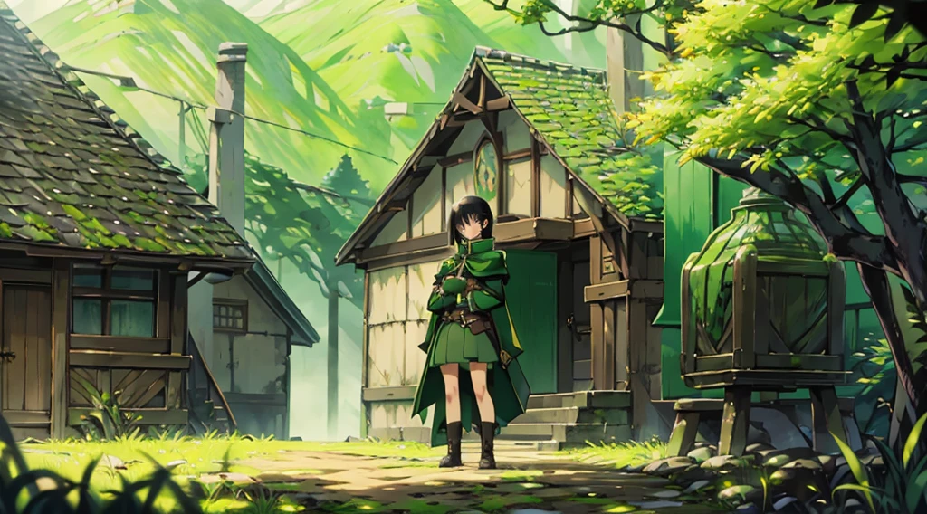 yuichiro hyakuya girl, (WithoutFear:1), 1 girl, black hair, green eyes, brown coat, gray armor, elves, sylvan, green shield, green cloak, dark brown gloves, forest, white fur trim, anime, standing, good quality, portrait, looking at viewer