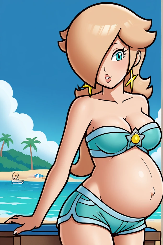 score_9, score_8_up, 1girl, solo, rosalina, style parody, thick outlines, blue bikini, shorts, pregnant belly, sleeveless, strapless, cleavage, indoors, beach, 