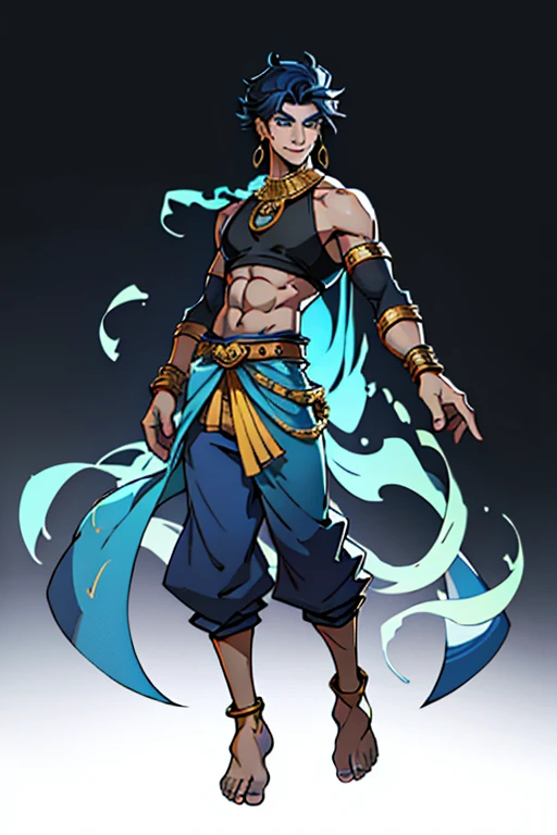 Full-body image, homem de 17 anos, lamp genie has four arms,, with 1,90 m tall and with a thin body. He has hair covering his black and blue eyes. Your skin is pale and your smile is captivating and your dark circles, always displaying confidence and charisma, a black crop top with blue sleeves, with fabrics coming out from the bottom and gold jewelry, earrings, wristbands, rings, anklet and necklaces and chains , a pair of baggy pants with a gradient of blue tones and barefoot, transparent voices, gold and blue nails, power to fulfill desires, gold on face egypt and india style, femboy and emo