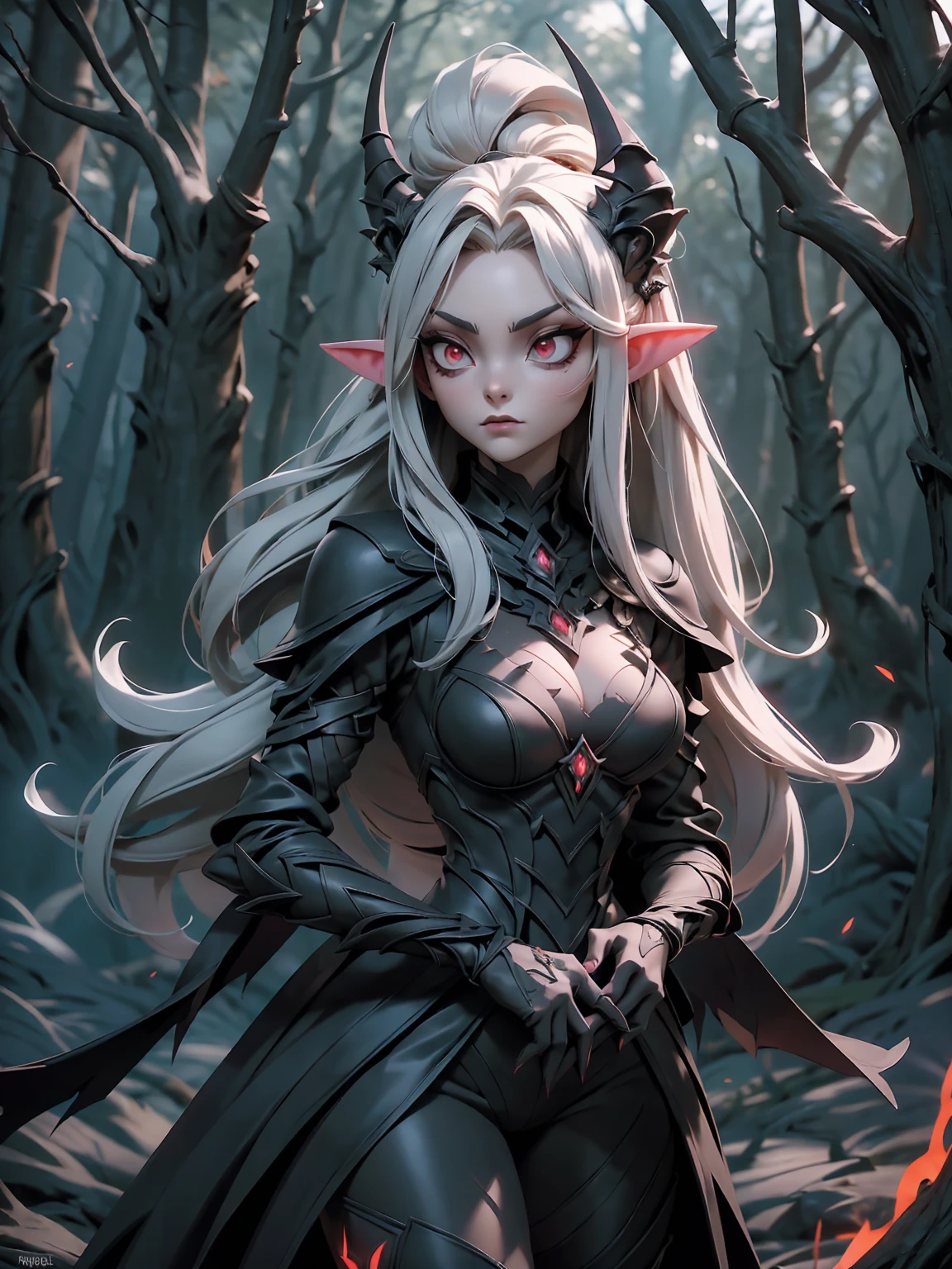 A stunning artwork of a fierce demonic elf standing in a cursed forest. The full-body view showcases her in dark armor, exuding an aura of malevolent grace and unyielding power. Her long, flowing dark gray hair frames a face of eerie beauty, highlighted by red eyes that glow with otherworldly menace. She holds a cursed sword, intricately designed and radiating dark energy, adding to her formidable presence. The scenery around her is a twisted, shadowy forest with gnarled trees and glowing red eyes peering from the darkness. Mist and sinister shadows enhance the ominous atmosphere, creating a scene of haunting dread.