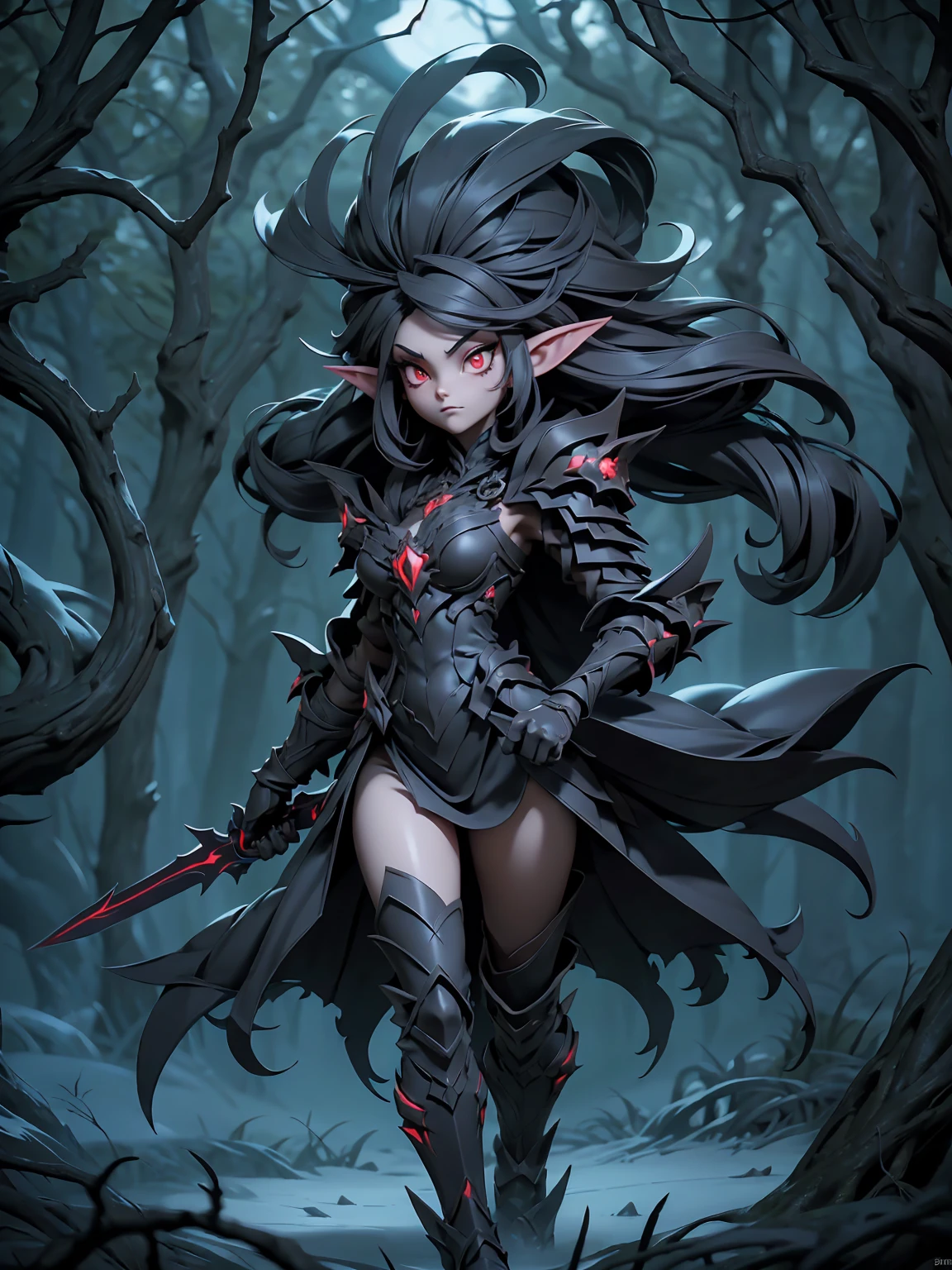 A stunning artwork of a fierce demonic elf standing in a cursed forest. The full-body view showcases her in dark armor, exuding an aura of malevolent grace and unyielding power. Her long, flowing dark gray hair frames a face of eerie beauty, highlighted by red eyes that glow with otherworldly menace. She holds a cursed sword, intricately designed and radiating dark energy, adding to her formidable presence. The scenery around her is a twisted, shadowy forest with gnarled trees and glowing red eyes peering from the darkness. Mist and sinister shadows enhance the ominous atmosphere, creating a scene of haunting dread.