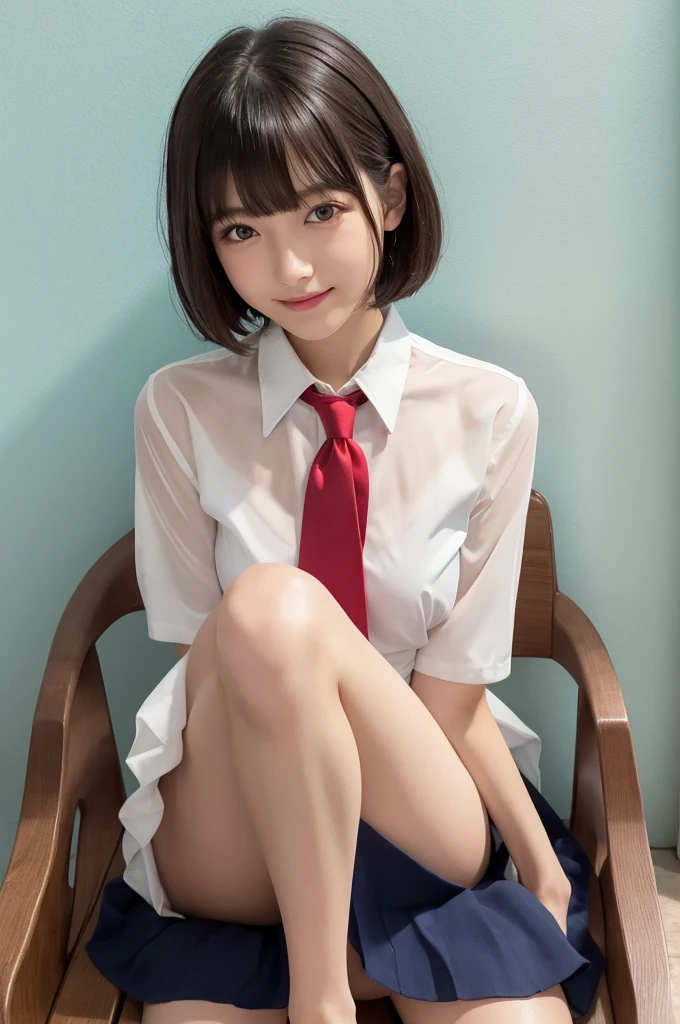 Japanese Girls、17-year-old girl、Short Bob Cut、bangs、Brown eyes、Perfect figure、Transparency、Gloss、Attractive breasts、、Navy blue tie、White shirt、Red Skirt、Hirotake mushroom、Burning Body、Burning idol pose、Light blue wall、Beautiful legs、Strong sunlight、dirty、雨にWet体、Wet,Sitting in a chair、I can see your thighs、smile，naked