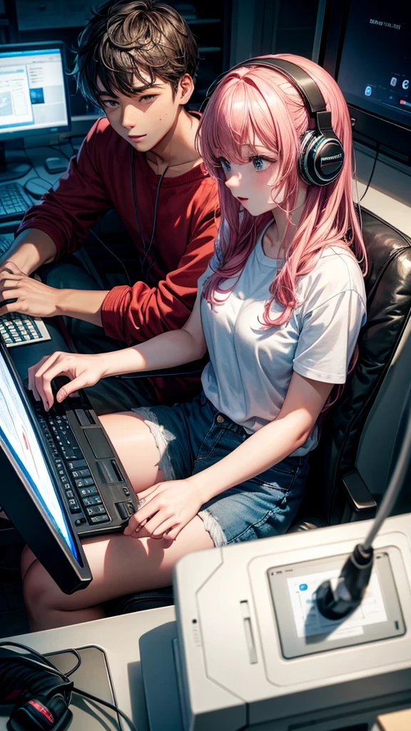 A young man with his beautiful girlfriend with a computer listening to music
