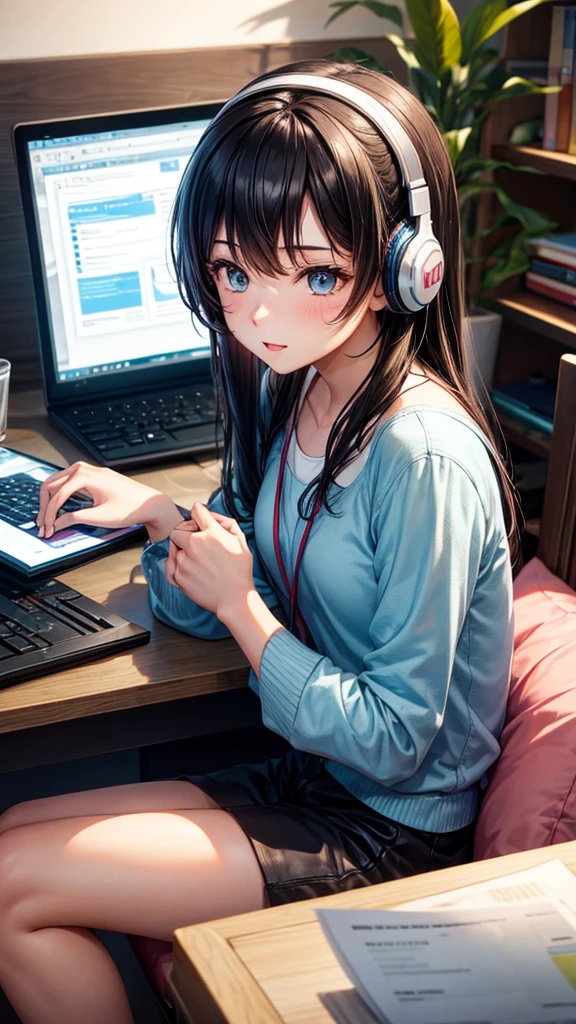 A young man with his beautiful girlfriend with a computer listening to music