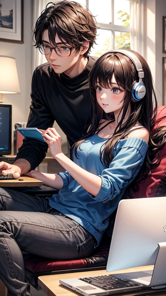 A young man with his beautiful girlfriend with a computer listening to music