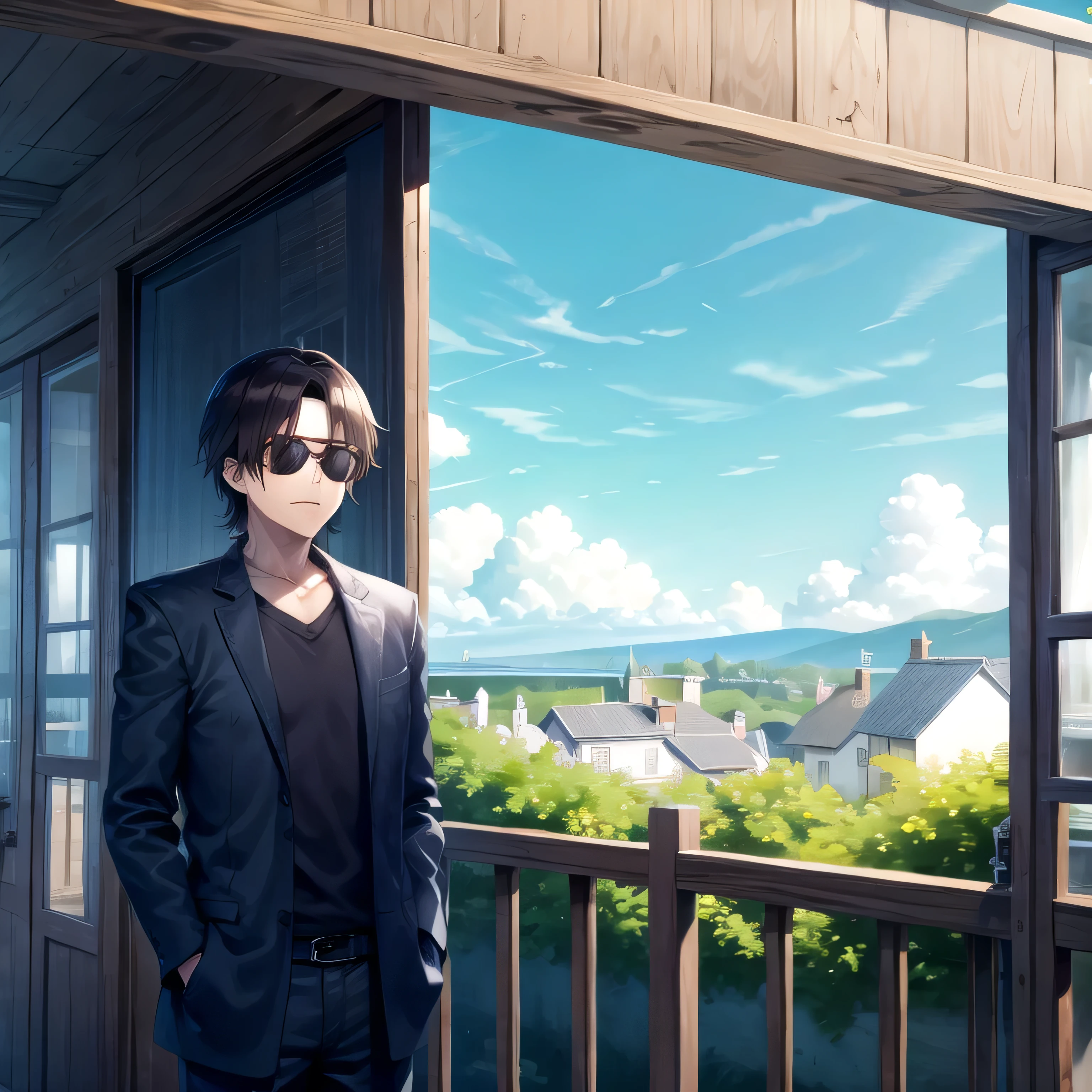 1guy, David King, outdoors, morning, blue sky, village, looking at viewer, sunglasses