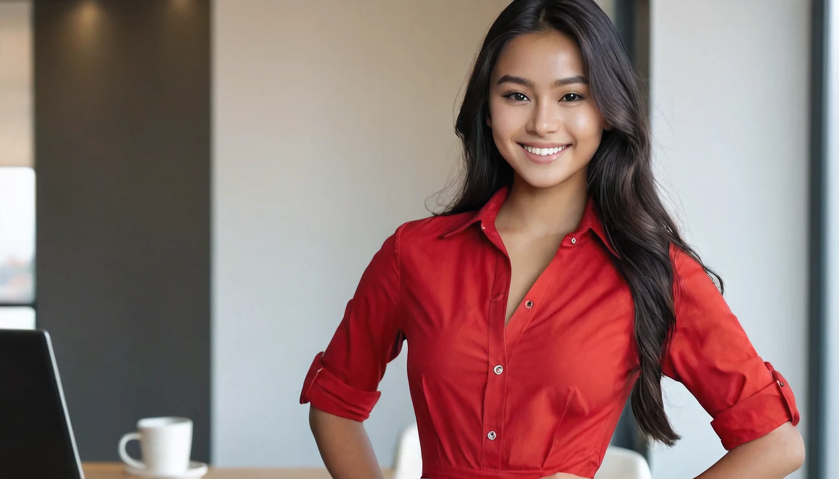 Raiana Eliza Dilla, an 18-year-old (Indonesian:0.5)-(Spanish:1.5) girl, full smile, Long flowing Black Hair, Brown Eyes, Almond shaped Eyes, Heart shaped Face, Roman Nose, Olive Skin, detailed skin, no makeup, natural look, (blemish:0.8), imperfect skin, long legs, (tall figure:1.5), (athletic fit-muscled body:1.5), defined abs, large breasts, cleavage breasts, (1girl:1.9), (18-year-old:1.9), (red business shirt-dress:1.9), cinematic shot in 8k HDR, emphasizing elegance and professionalism, walking confidently in her office, a modern office, red walls, office desk, office chair, laptop, computer, monitor, potted plant, minimalist, clean, simple, sunlight, window, warm lighting, professional, (best quality,4k,8k,highres,masterpiece:1.2),ultra-detailed,(realistic,photorealistic,photo-realistic:1.37),portrait,fantasy,dramatic lighting, sharp focus.