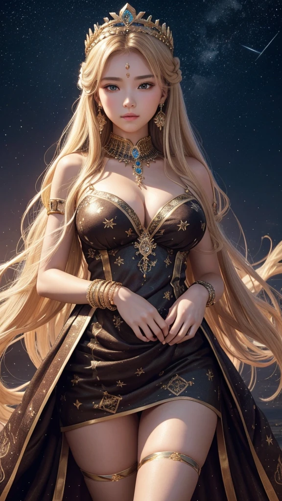 The goddess who rules the seasons is exerting her power in a mysterious space where the four seasons exist at the same time. Her dress is made of symbols of the four seasons, and she has a crown of stars on her head. 8k , HD, highly detailed, realistic, photography, photo realism, --ar 9:16 -- at 6.0 --s 750,19 years old, alone, Long Hair, View your viewers, Blonde, Brown eyes, gem, whole body, Realistic, Sexy、Big Breasts 、stockings、clip on earrings,during,bracelet、embarrassed,blush,teache、