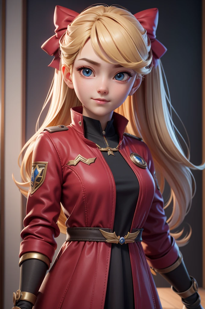 (8K, Best Quality, Masterpiece:1.2), Ultra-detailed, Masterpiece, Realistic lighting,Masterpiece, Best Quality, Masterpiece, official arts,extremely detailed CG unity 8K wallpaper,beautiful detail eyes, Light on the face, 1girl, upper-body, 가슴, gown, , Red_jacket, windbreaker, gloves, bow, Hair_ornament, bracer,