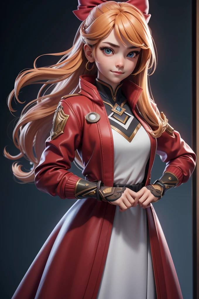 (8K, Best Quality, Masterpiece:1.2), Ultra-detailed, Masterpiece, Realistic lighting,Masterpiece, Best Quality, Masterpiece, official arts,extremely detailed CG unity 8K wallpaper,beautiful detail eyes, Light on the face, 1girl, upper-body, 가슴, gown, , Red_jacket, windbreaker, gloves, bow, Hair_ornament, bracer,