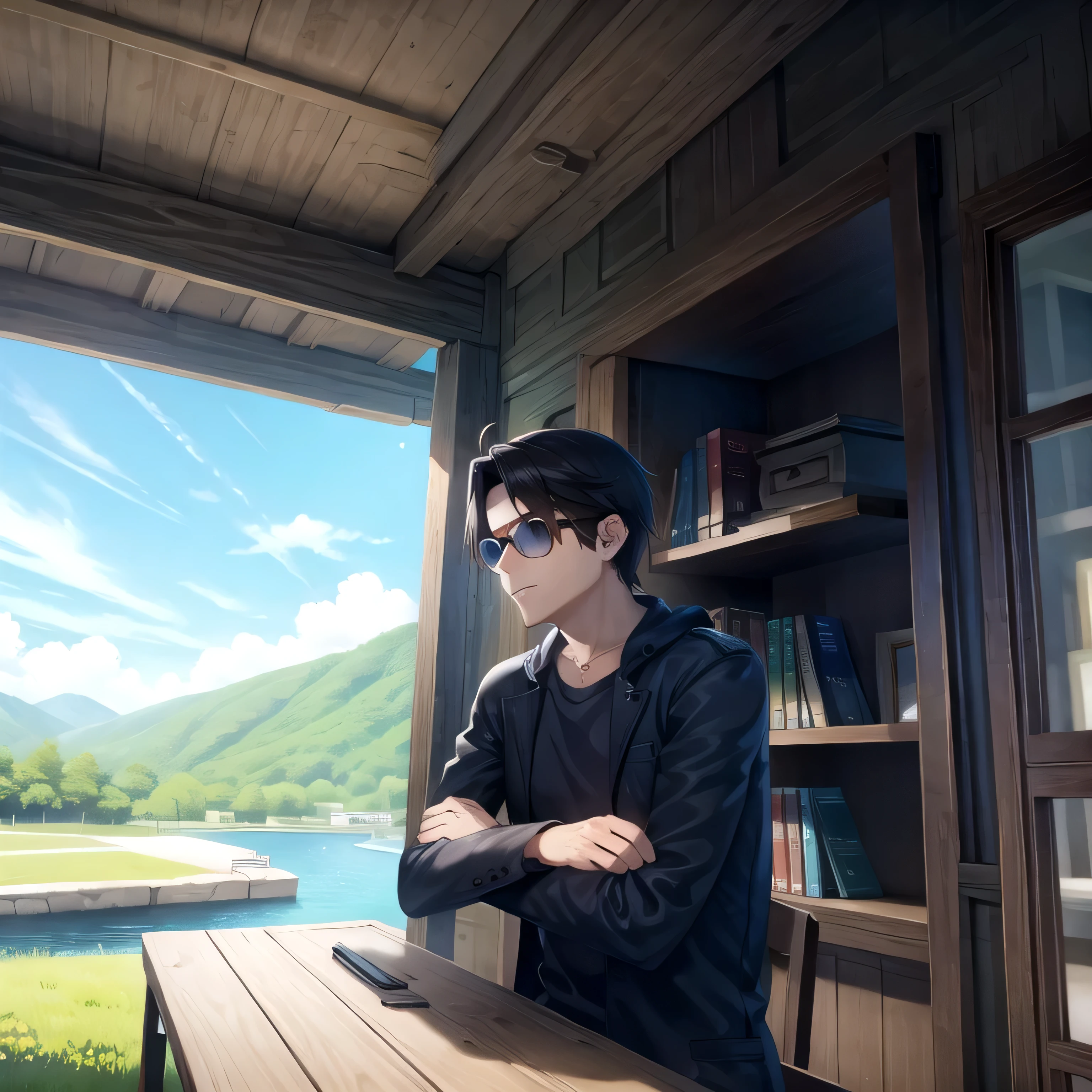 1guy, David King, outdoors, morning, blue sky, village, looking at viewer, sunglasses