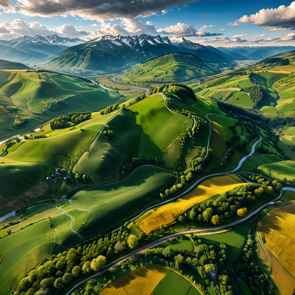 Bird's-eye view flying 200 meters above the ground, looking down at (right angles1.2) onto the fields below, beautiful landscape, aerial photography, rolling hills, lush meadows, countryside, meandering river, snow-capped mountains, dramatic clouds, natural dramatic lighting, cinematic composition, stunning vistas, breathtaking scenery, serene atmosphere, peaceful countryside, (highest quality, 4k, 8k, high resolution, masterpiece 1.2), ultra-detailed, (realistic, photorealistic, photorealistic 1.37), landscape photography, vibrant colors, natural light, detailed lighting, dramatic shadows, vibrant colors, fantasy, digital art, concept art