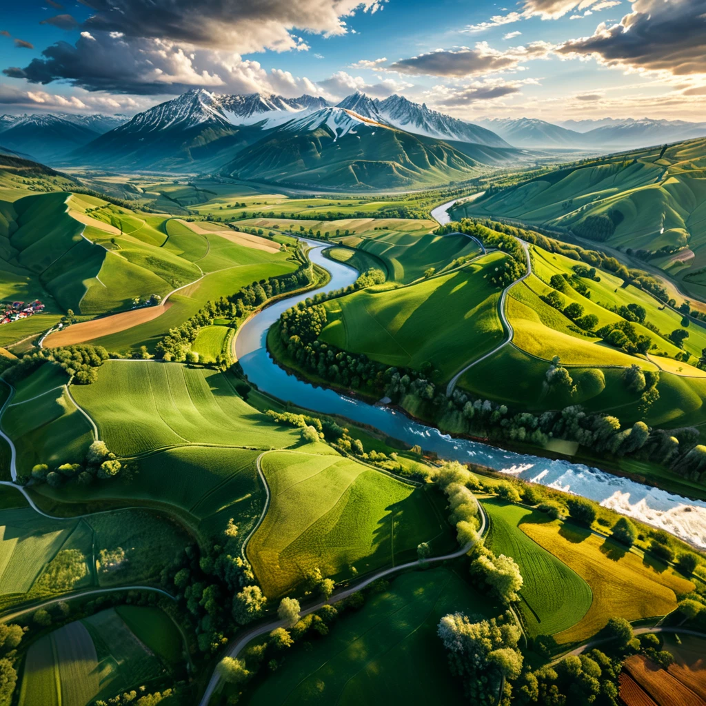 Bird's-eye view flying 200 meters above the ground, looking down at (right angles1.2) onto the fields below, beautiful landscape, aerial photography, rolling hills, lush meadows, countryside, meandering river, snow-capped mountains, dramatic clouds, natural dramatic lighting, cinematic composition, stunning vistas, breathtaking scenery, serene atmosphere, peaceful countryside, (highest quality, 4k, 8k, high resolution, masterpiece 1.2), ultra-detailed, (realistic, photorealistic, photorealistic 1.37), landscape photography, vibrant colors, natural light, detailed lighting, dramatic shadows, vibrant colors, fantasy, digital art, concept art