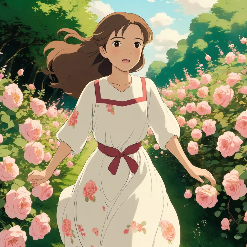 Girl of Asian ethnicity, bright light brown eyes, pastel brown hair, wearing a long white dress with a flower design, running through a field of rose bushes, style Ghibli