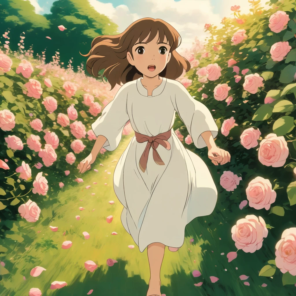 Girl of Asian ethnicity, bright light brown eyes, pastel brown hair, wearing a long white dress with a flower design, running through a field of rose bushes, style Ghibli