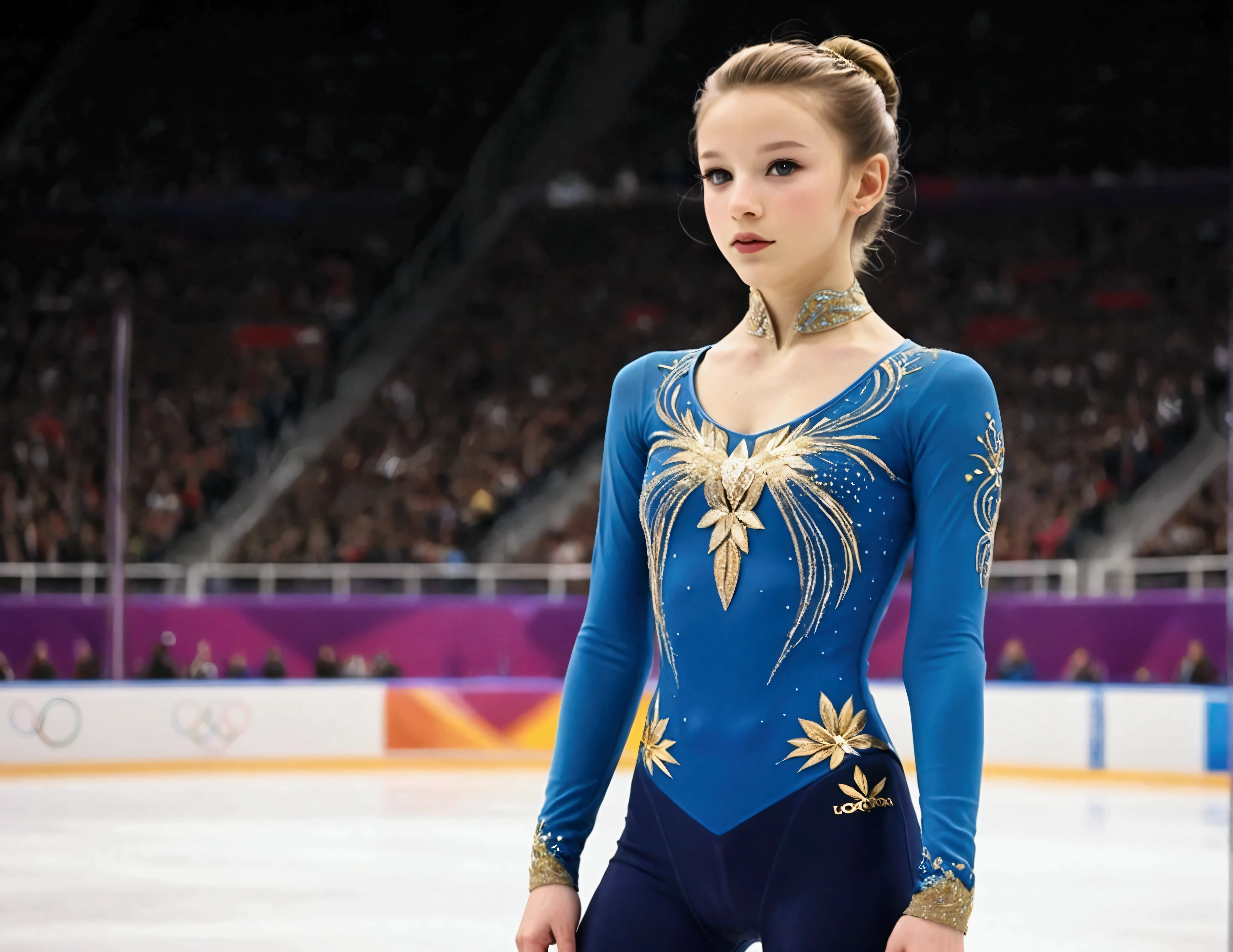 Olympic figure skater (18 years old, hair up tight, ice skates, small blue and gold outfit Olympic insignia), skating in a packed arena