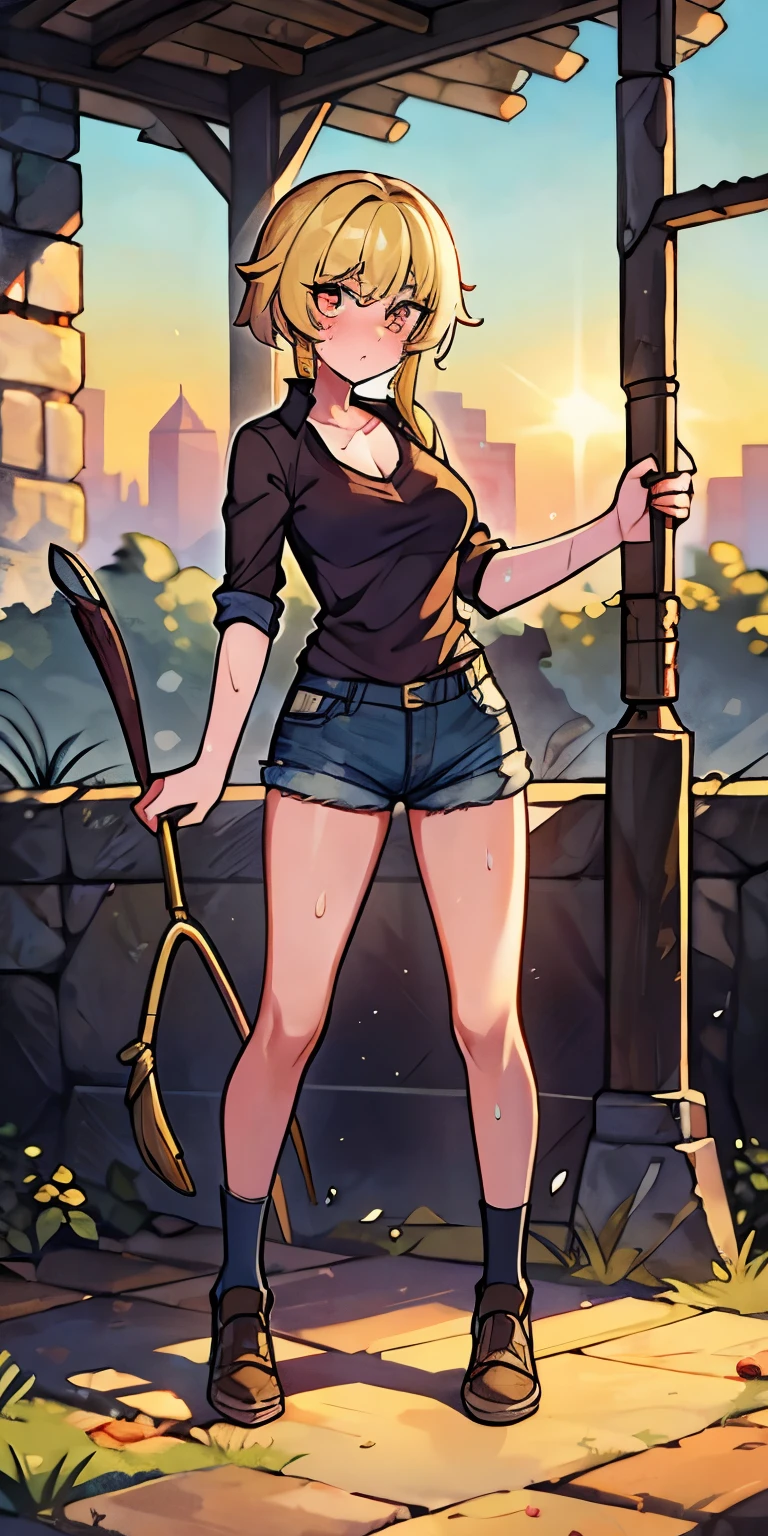 2076 year. The Urban Ruins of the Wasteland, Female huntress picking fruit in the garden, beautiful face, blonde, torn shirt and denim shorts ,  long legs, sweating through, sun rising, Nice warm colors, head to toe full body shot