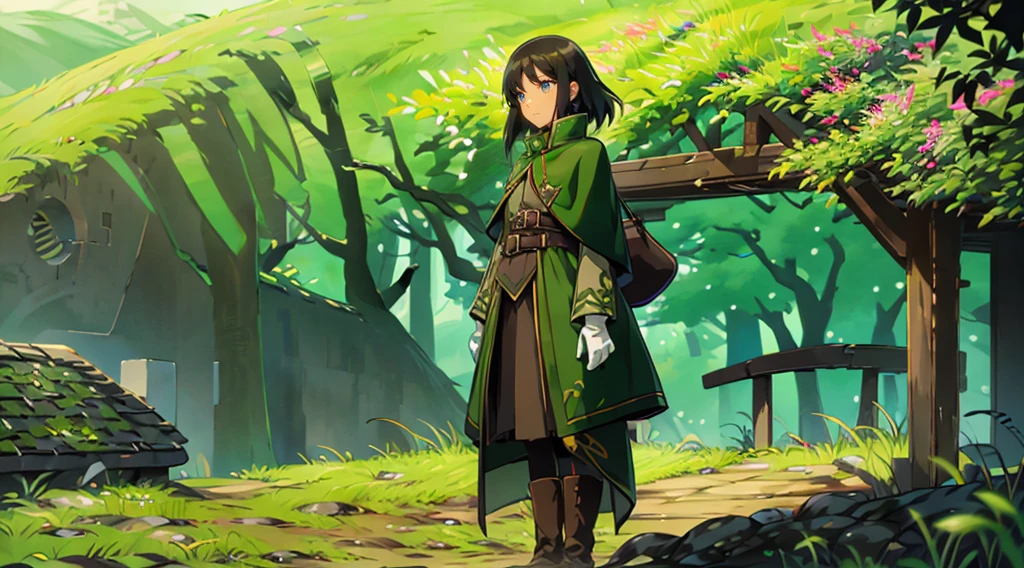 yuichiro hyakuya girl, (WithoutFear:1), 1 girl, black hair, green eyes, brown coat, gray armor, elves, sylvan, green shield, green cloak, dark brown gloves, forest, white fur trim, anime, standing, good quality, portrait, looking at viewer