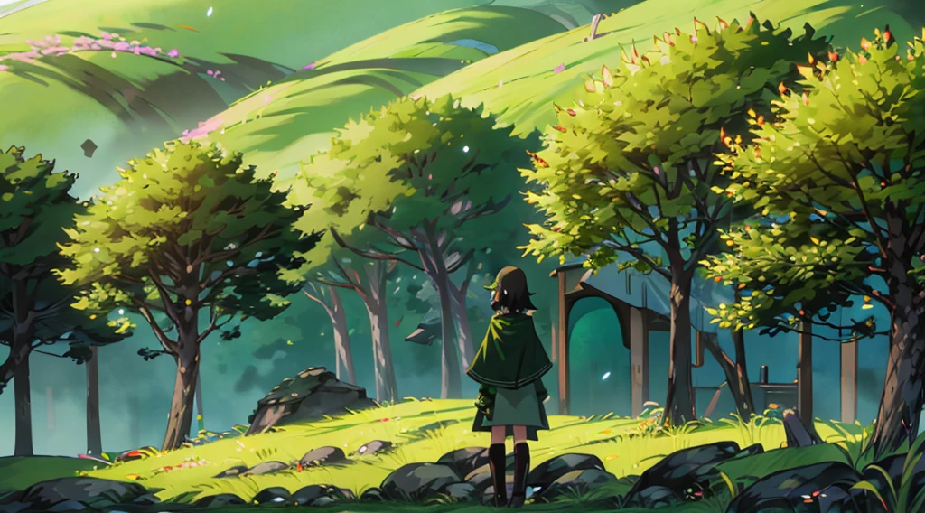 yuichiro hyakuya girl, (WithoutFear:1), 1 girl, black hair, green eyes, brown coat, gray armor, elves, sylvan, green shield, green cloak, dark brown gloves, forest, white fur trim, anime, standing, good quality, portrait, looking at viewer