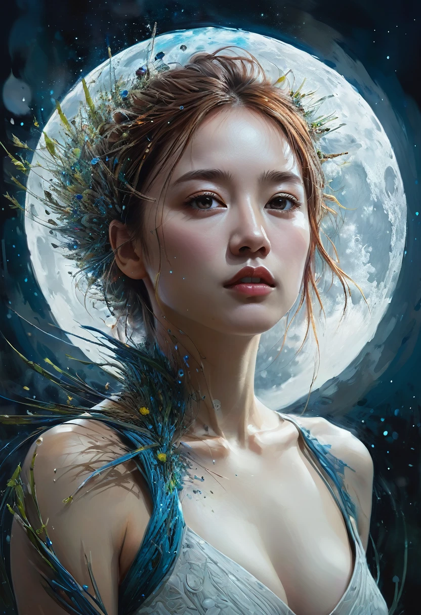 abstract beauty, centered, looking to the camera, approaching perfection, dynamic, Moonlight, Very detailed, Digital paint, art station, Conceptual art, seeds, sharp focus, illustration, Carne art Griffiths and Wadim Kashin
