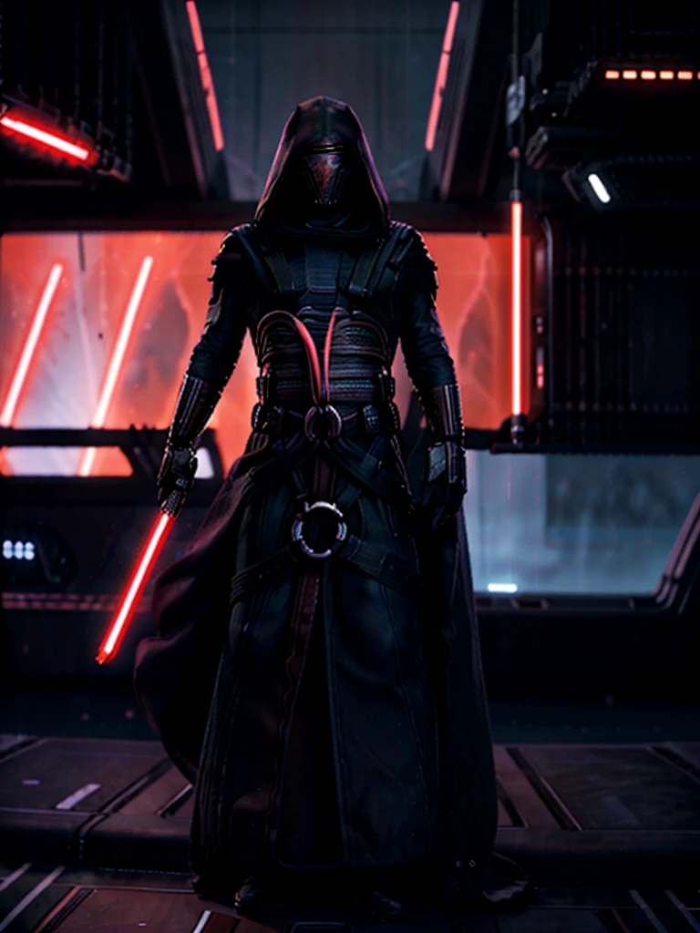 Ultra-realistic 8k CG, masterpiece, best quality, (photorealistic:1.4), Star Wars, Darth Revan standing on the bridge of a Starship, in a commander pose, holding one purple and one red lightsaber 