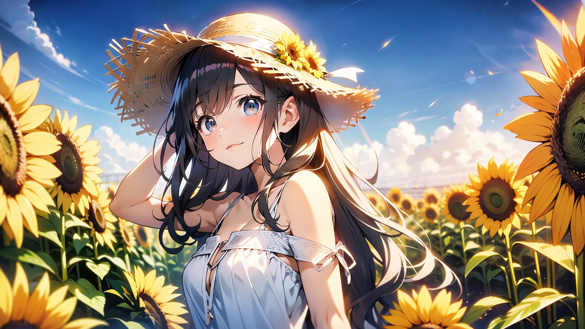 And 8K、Highest quality、masterpiece、Ultra-detailed、Ultra-high resolution、Anime Style、1 female、Midsummer、White Dress、Straw Fedora Hat、sunflower