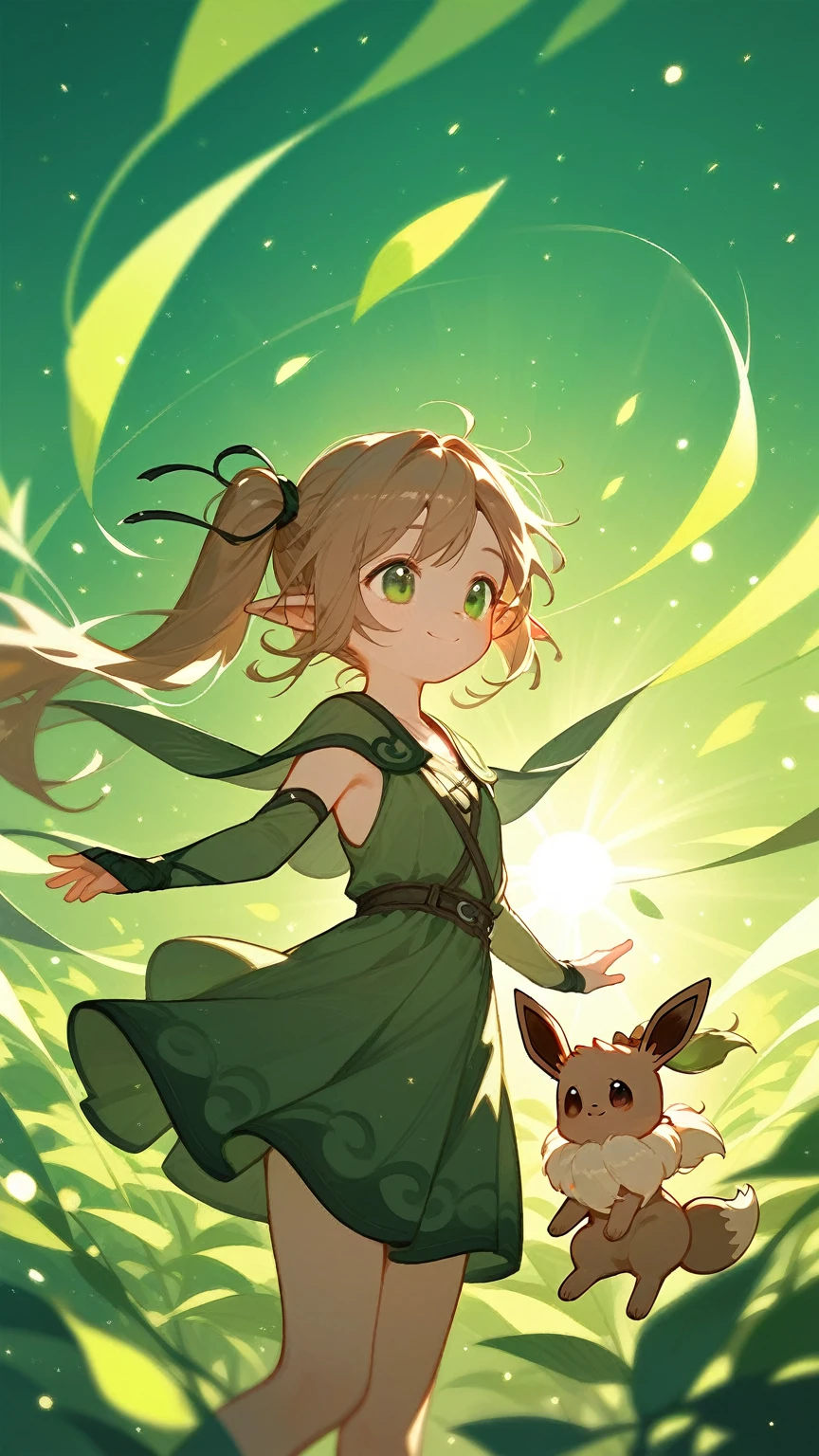 1Young girl，Beautiful light and shadow，Brown side ponytail，Green eyes，Dark green windbreaker，The elf ball in hand，cute，Sun background，Backlight，Light Particles，Smile,Eevee doll clothes