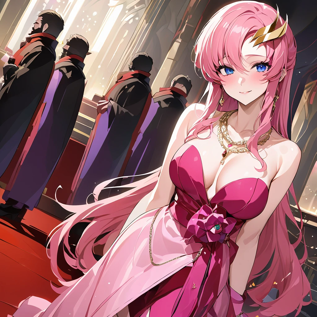 ((Highest quality)), ((masterpiece)), (detailed), （Perfect Face）、The woman is Lacus Clyne, the wife of the leader of a mysterious evil god cult. She has blue eyes, medium-long pink hair, a hair accessory, is wearing the mysterious and luxurious clothing of the evil god cult, a necklace and accessories with mysterious devil symbols, a luxurious head chain tiara, and an engagement ring.、The woman is the wife of a middle-aged, bearded leader of a mysterious cult of evil gods.、He is standing at the altar of the Evil God Cult with a mysterious cult leader dressed in luxurious cult leader clothing.