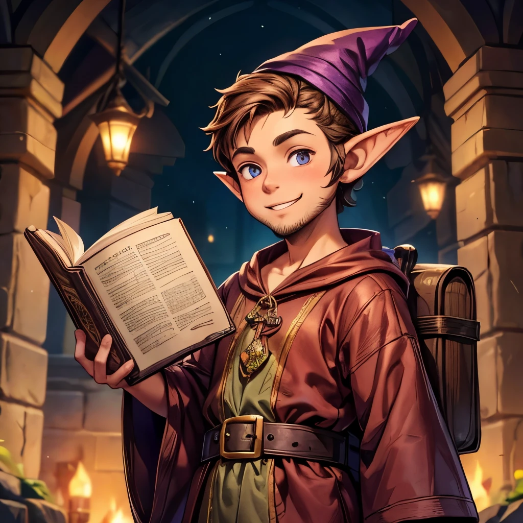 Alvyn is a short young male gnome with pointed ears., thick nose,  messy brown hair, with a small growing beard. His gaze exudes curiosity and a material ambition that is reinforced by a small mischievous smile., He wears a purple tunic with gold embroidery, classic of the gnome wizards, On his head he is wearing a black pointed hat.. In his hand he holds a sturdy book with his magical knowledge., Gnomes don&#39;t take magic lightly..