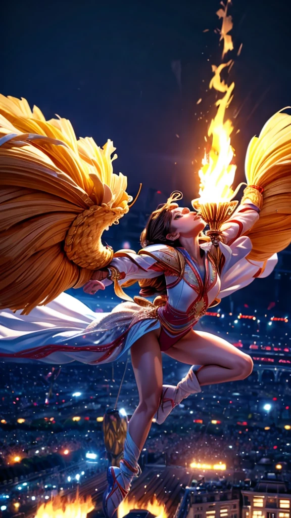 A stunning film of the opening ceremony of the Paris Olympics、A spectacular sight at the Olympic torch lighting ceremony、A spectacular display of human creativity and athletic ability、Dramatic lighting、Cinematic camera angles、Dynamic camera movements、The graceful and powerful movements of the performers
