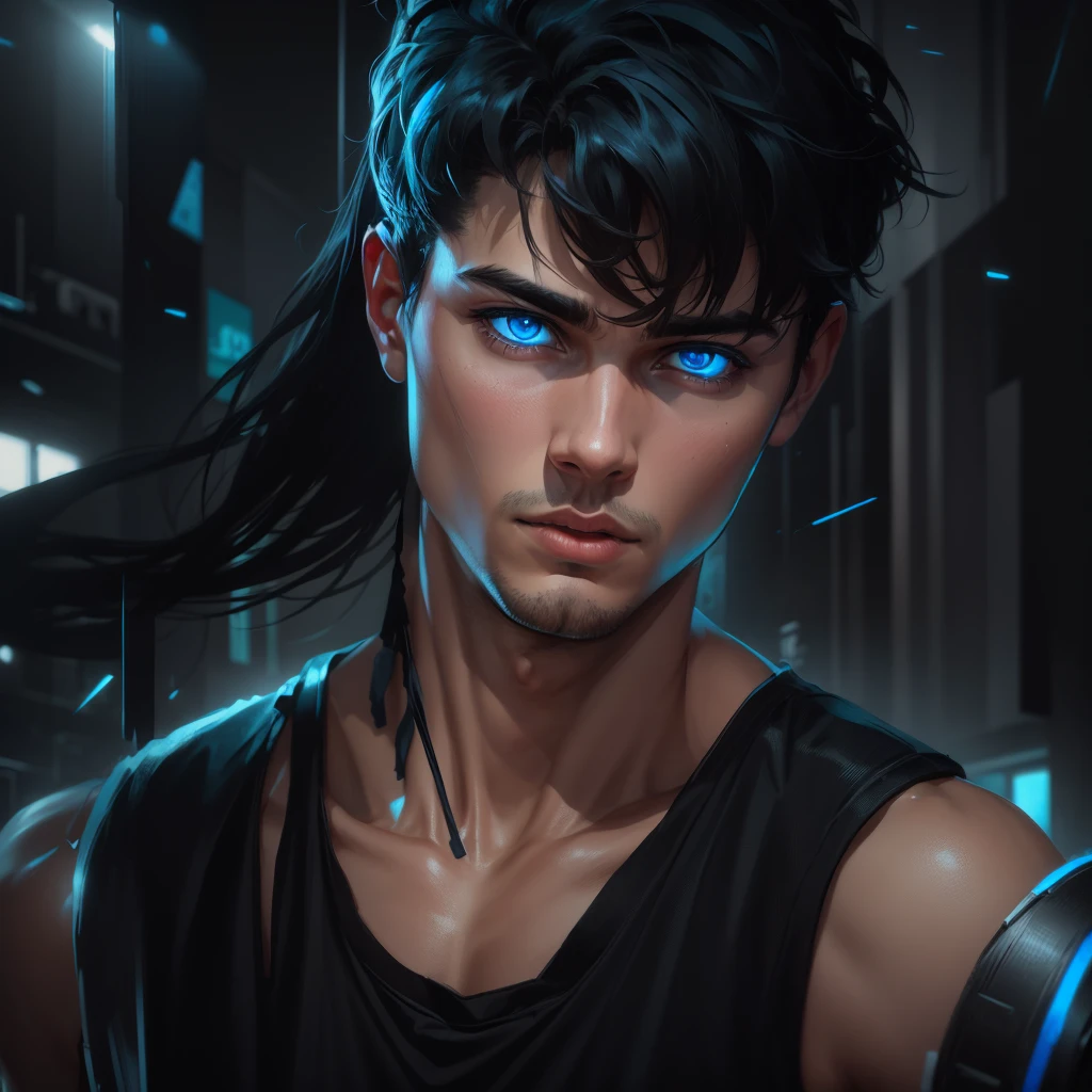 a serious young man with black hair, electric blue eyes, striking gaze, fair skin, wearing a sleeveless black shirt, abstract background with warm and gray tones, (best quality, 4k, 8k, highres, masterpiece:1.2), ultra-detailed, (realistic, photorealistic, photo-realistic:1.37), chiaroscuro lighting, dramatic contrast, cinematic composition, moodylighting, moody atmosphere