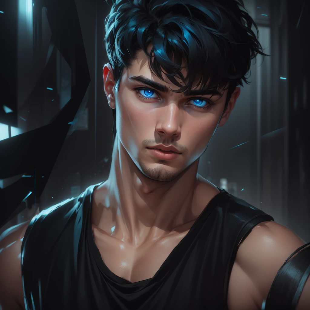 a serious young man with black hair, electric blue eyes, striking gaze, fair skin, wearing a sleeveless black shirt, abstract background with warm and gray tones, (best quality, 4k, 8k, highres, masterpiece:1.2), ultra-detailed, (realistic, photorealistic, photo-realistic:1.37), chiaroscuro lighting, dramatic contrast, cinematic composition, moodylighting, moody atmosphere