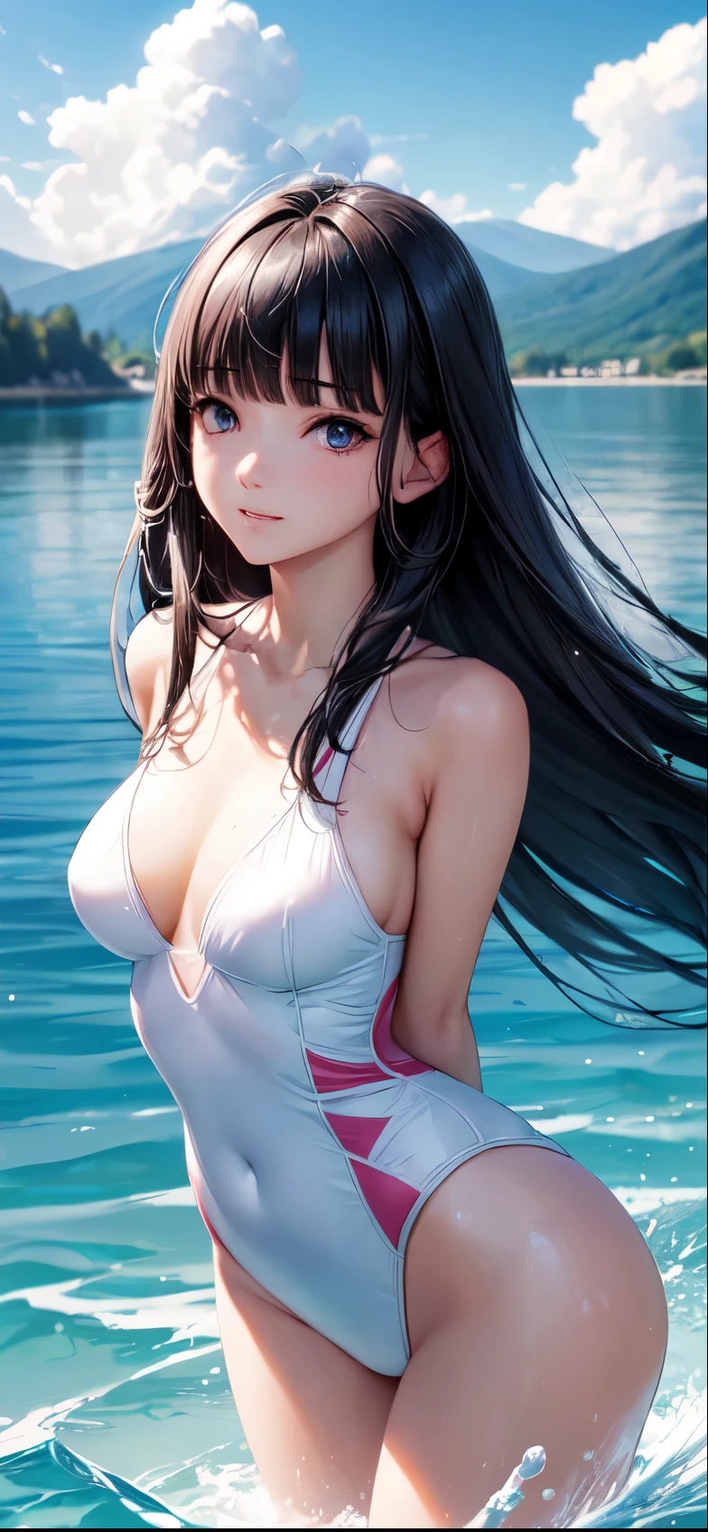 (((4K,masterpiece,best quality,ultra detailed,high resolution))),(daytime,clear weather,front light),((solo)),looking viewer,(beautiful girl),(age),(black hair,blunt bangs),(beautiful detailed face,beautiful detailed eyes),(finely detailed skin,fair skin),slender,light smile,shy,(one-piece competition swimsuits),(on the besutiful lake,beautiful sky),(arms behind back),(cowboy shot,dynsmic angle),medium breast,splash of water,