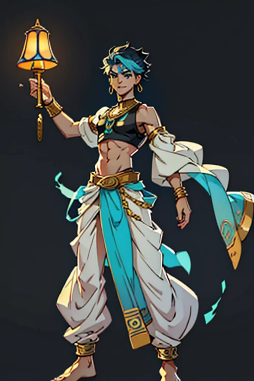 Full-body image, 17 year old lamp genie, fulfills wishes, with 1,90 m tall and with a thin body. He has hair covering his black and blue eyes. Your skin is pale and your smile is captivating and your dark circles, always displaying confidence and charisma, a black crop top with blue sleeves, with fabrics coming out from the bottom and gold jewelry, earrings, wristbands, rings, anklet and necklaces and chains , loose trousers with a turquoise gradient and barefoot, transparent voices, gold and turquoise nails, power to fulfill desires, gold on face egypt and india style, femboy and emo