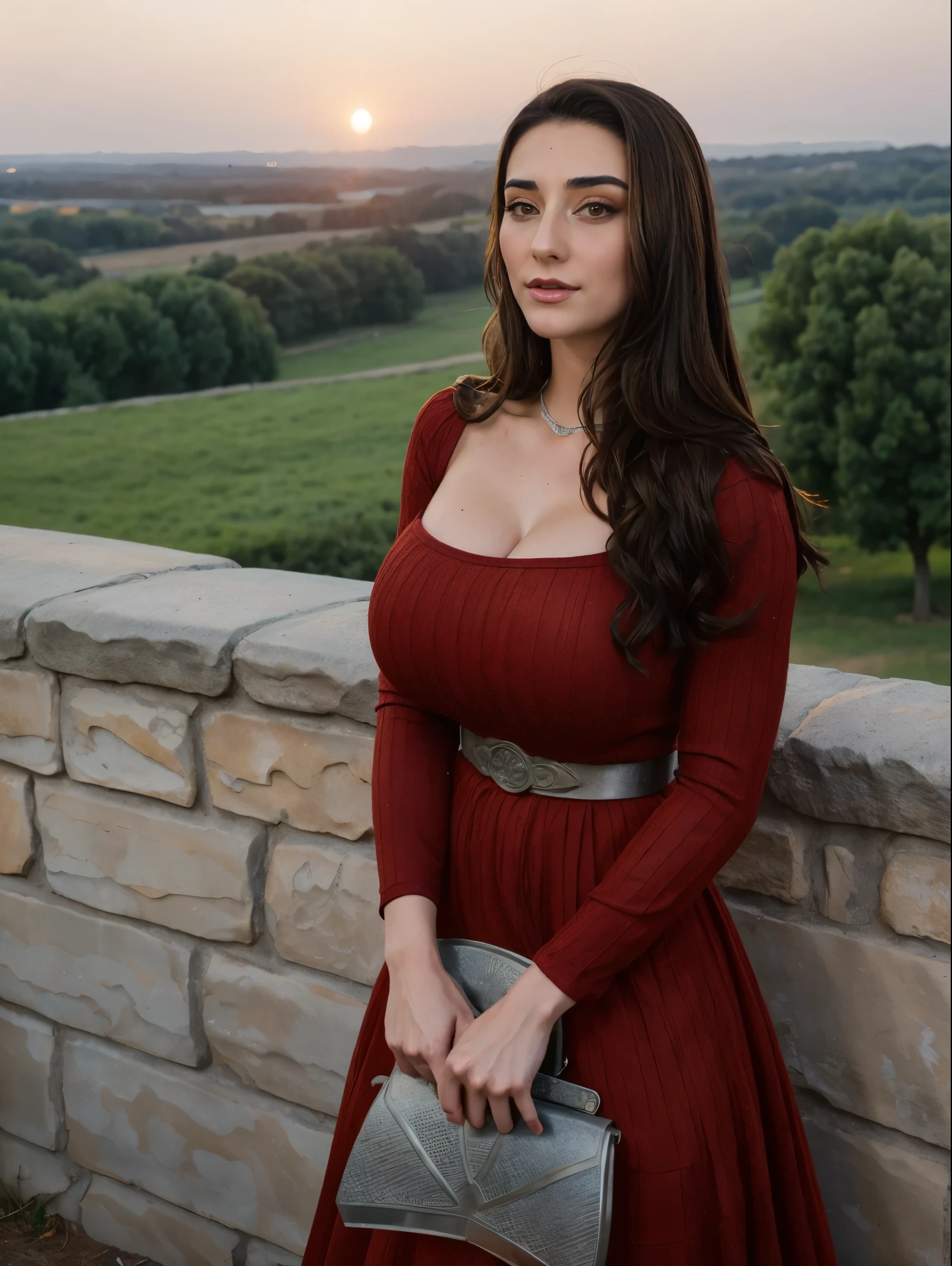 Gorgeous and sultry busty athletic (thin) brunette queen with sharp facial features wearing a modest updo, dark red medieval dress, long sleeves, intricate patterns, scrollwork, wide neck, crown, veil, long dress, modest dress, tight bodice, silver belt, (waist chain), medieval jewelry, Middle Ages, castle, rampart, wall, exterior, on top of a castle wall, trees, countryside, evening, sunset.