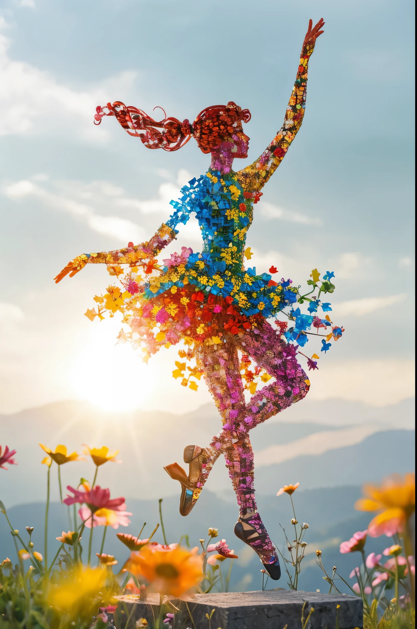 Creates an image of a ballerina made of multi-colored cubes, giving the impression of movement and vitality. the dancer is to be captured in mid-turn, with the cubes extending from the body to create a dynamic, fragmented effect. Place this figure against a soft background of a sunny meadow with wildflowers, which increases the contrast between the sharp geometry of the cubes and the natural surroundings.
