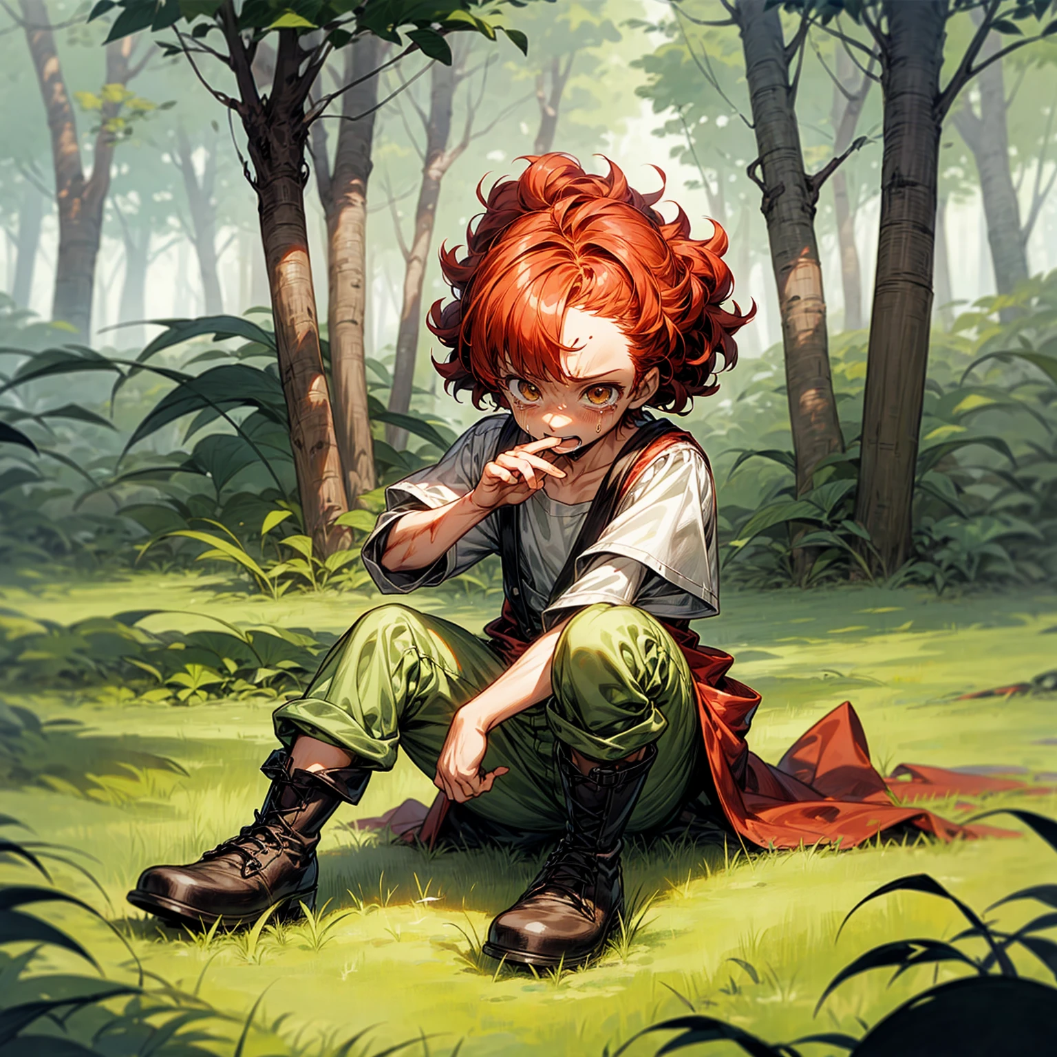 Background in the forest, Grassroots, one piece style art, Full body version, baby kid boy, hazel eyes, red colour hair, short Curly hairstyle, Farmer clothing, boots, crying gesture when bitten by a zombie, blood on background 