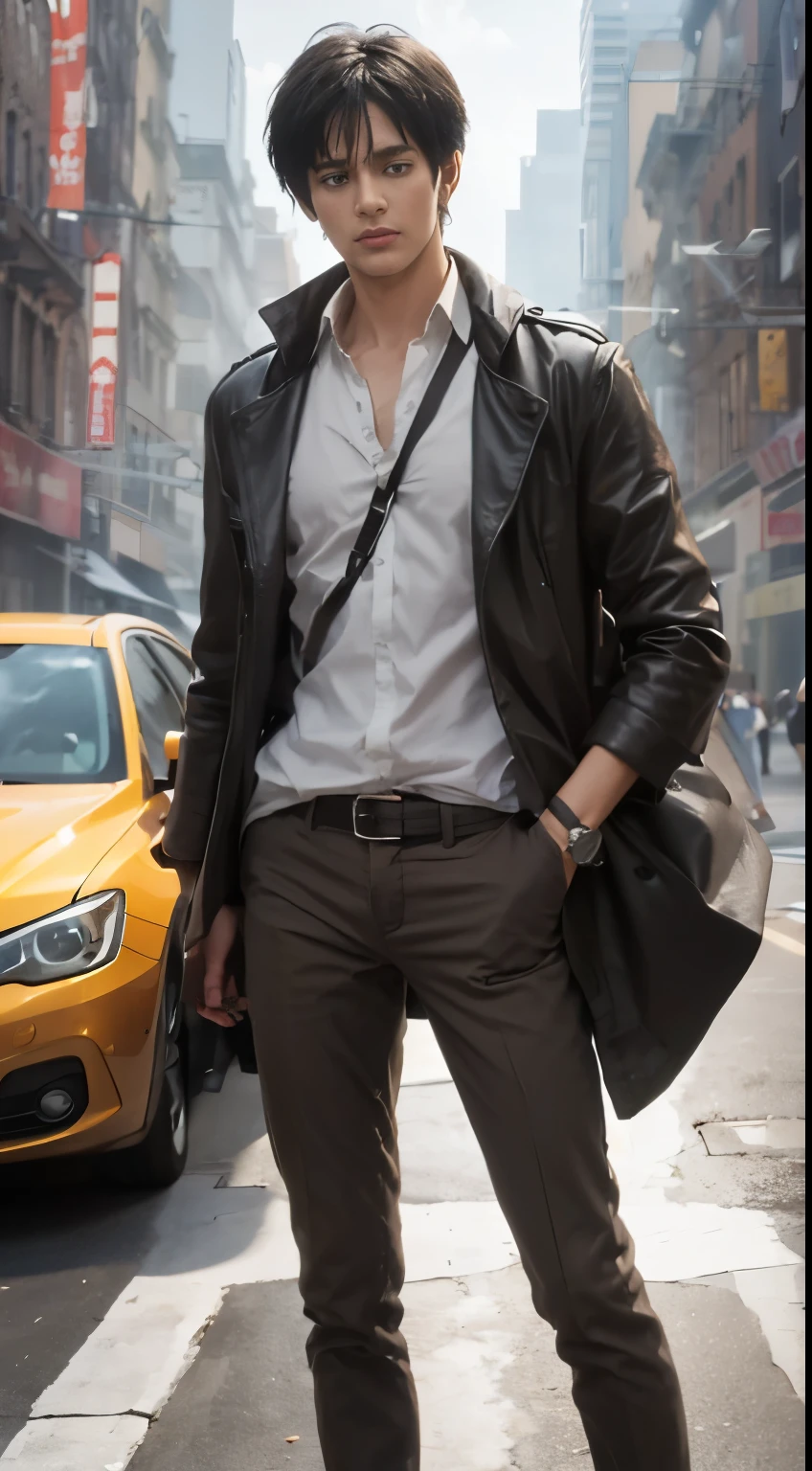 Eren jaegar, attack On Titan, short black hair, brown clothes, modern city background, detailed hand, detailed face, detailed eyes, ultra-realistic, ultra-detailed, bestquality, masterpiece.