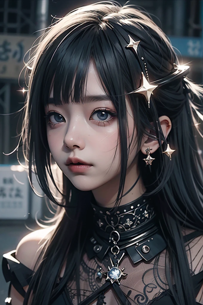 RAW Photos, Realistic, Ultra-realistic, celestial girl, simple dress, floating in the night sky, beautiful stars and moon, bright blue city lights below, looking up, viewed from above, all elements glowing blue, world-class illustration, award-winning, fantasy illustration, vivid hues, detailed and soft lighting, Highest quality, masterpiece, Ultra-high resolution, 8K