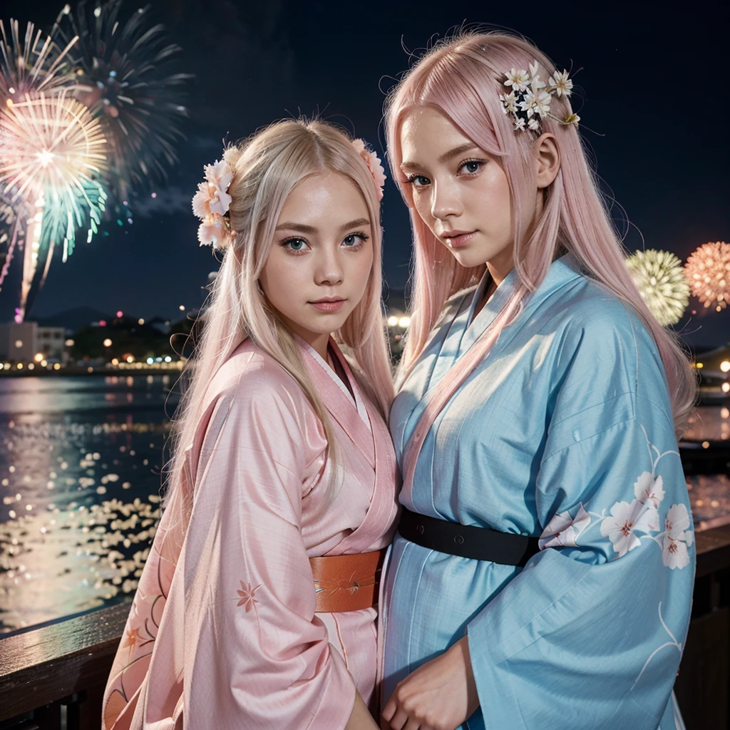 A girl with long light pink hair , Blue eyes wearing a kimono went to the fireworks festival with a girl with blonde eyes and white hair wearing a kimono