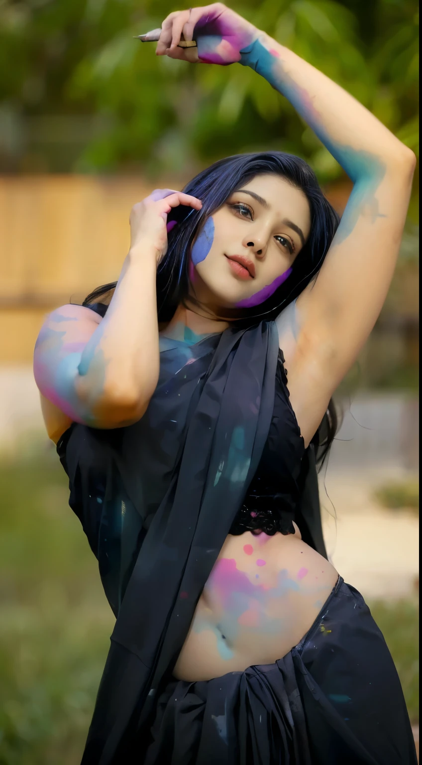 (best quality:1.15, masterpiece) Indian woman wearing orange (Indian designer dress), (curvy body), (chubby cheeks), 20 years old, (bangles), An Indian (desi) beauty, charismatic, dark-skin, view the viewer, naughty smile, luxurious villa, intricate detail, (ArtStation:1.5) (ultra high res,photorealistic:1.4,UHD), Bold indian in 2024, dusky woman, white saree, sleevless, paint on her body, arms and chest, * colour splash *, with beautiful colors, very beautiful enga style, uhd candid photo taken by Cannon d700, gorgeous woman, indian festival holi scene, painted look, colored, indian goddess, artist, with colourful intricate, very attractive and beautiful, desi indian girl, full of colors on her body, indian girl, hyper realistic photoshoot, no sleeves, Holi festival scene