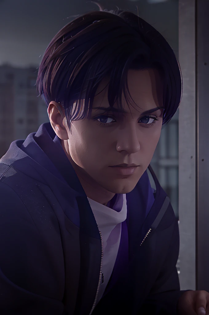 solo, 1boy, man, male A gloomy appearance,very short hair, short cut hair, dark purple hair, purple eyes,messy hair, side parting hair, bangs, shirt, grey cardigans upper body, theme dark, early evening background,