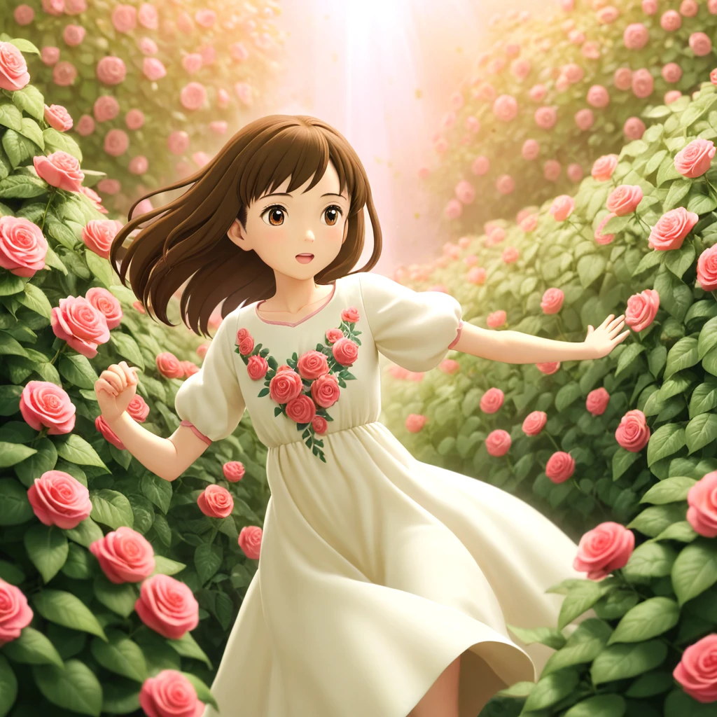 Girl of Asian ethnicity, bright light brown eyes, pastel brown hair, wearing a long white dress with a flower design, running through a field of rose bushes, style Ghibli