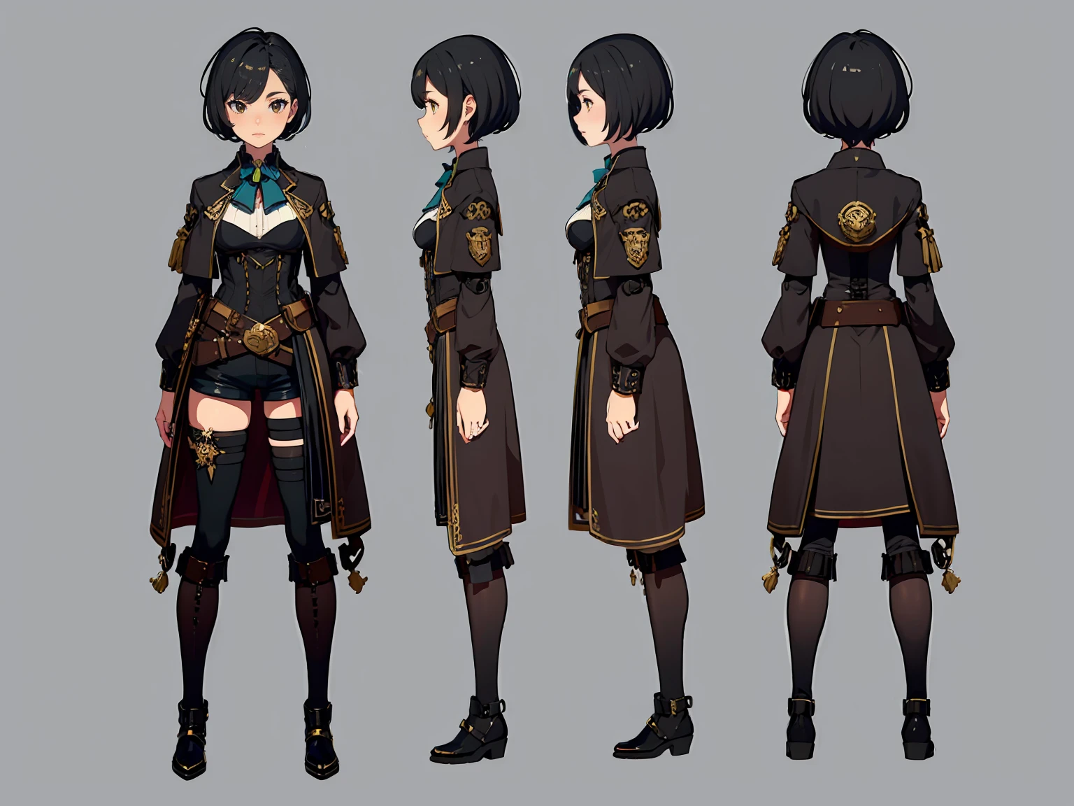 1woman, reference sheet, matching outfit, (fantasy character design, front, back, sides, left, right, up, down) Rodericka. Tall and well-built stature with feminine grace. Piercing blue eye holding a hint of mystery, the other eye socket covered with an eyepatch, a reminder of her past encounters. Dark, slightly unkempt hair giving her a rugged and dashing appearance. Practical yet stylish attire designed for adventurous travels. Confident and seasoned, with calloused hands and scars as proof of her experiences. (masterpiece:1.2), (best quality:1.3).