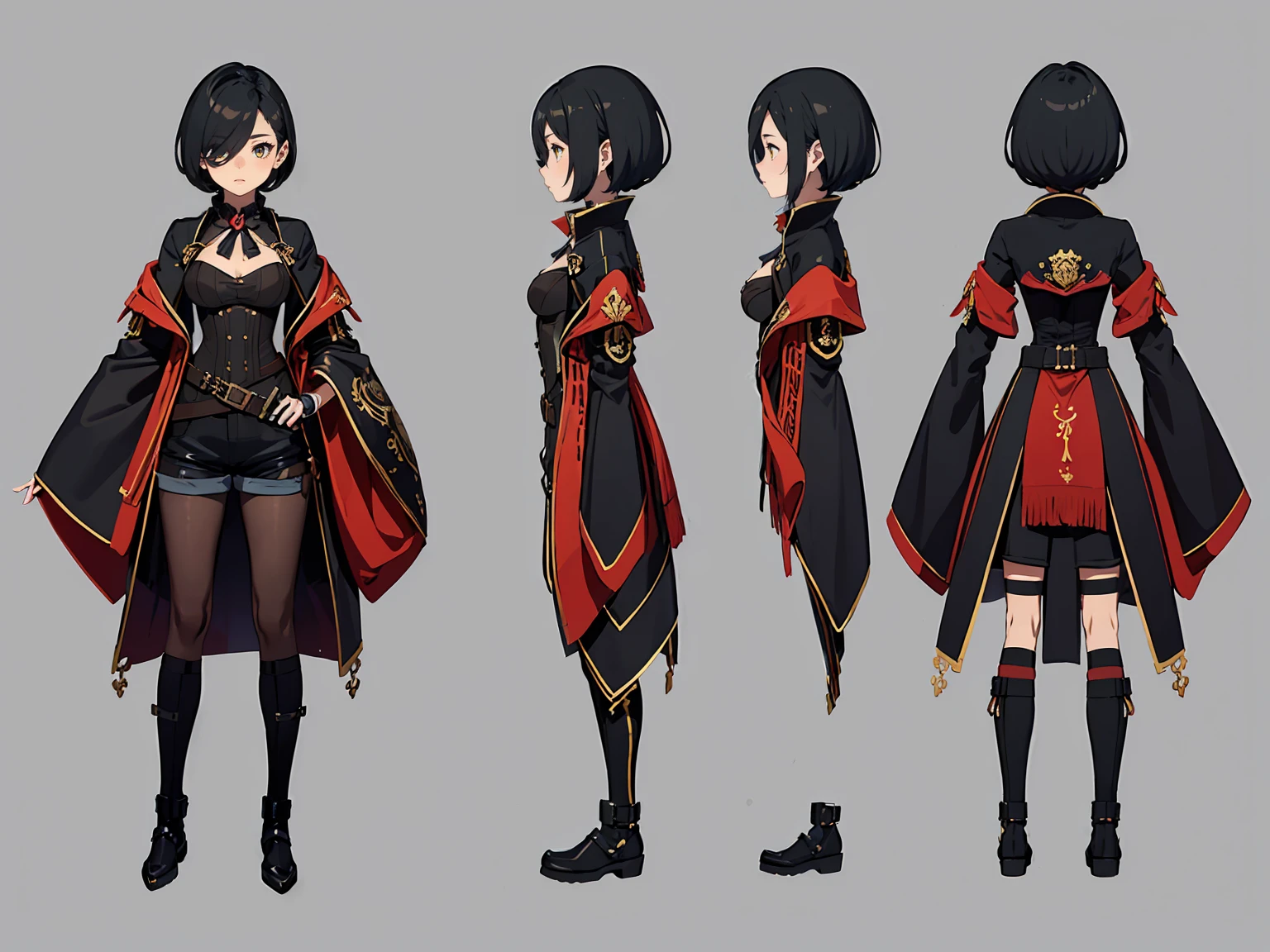 (((三面figure, 正面figure, 側面figure, 背面figure, Multiple Views)), Concept Art, character Concept Art, Character Sheet, whole body, figure, (Simple Background, Gray background), one character, One woman, Fantasy art:1.1), Small breasts、short hair、Distant eyes、Big Mouth、Low Nose、Shorts、steampunk