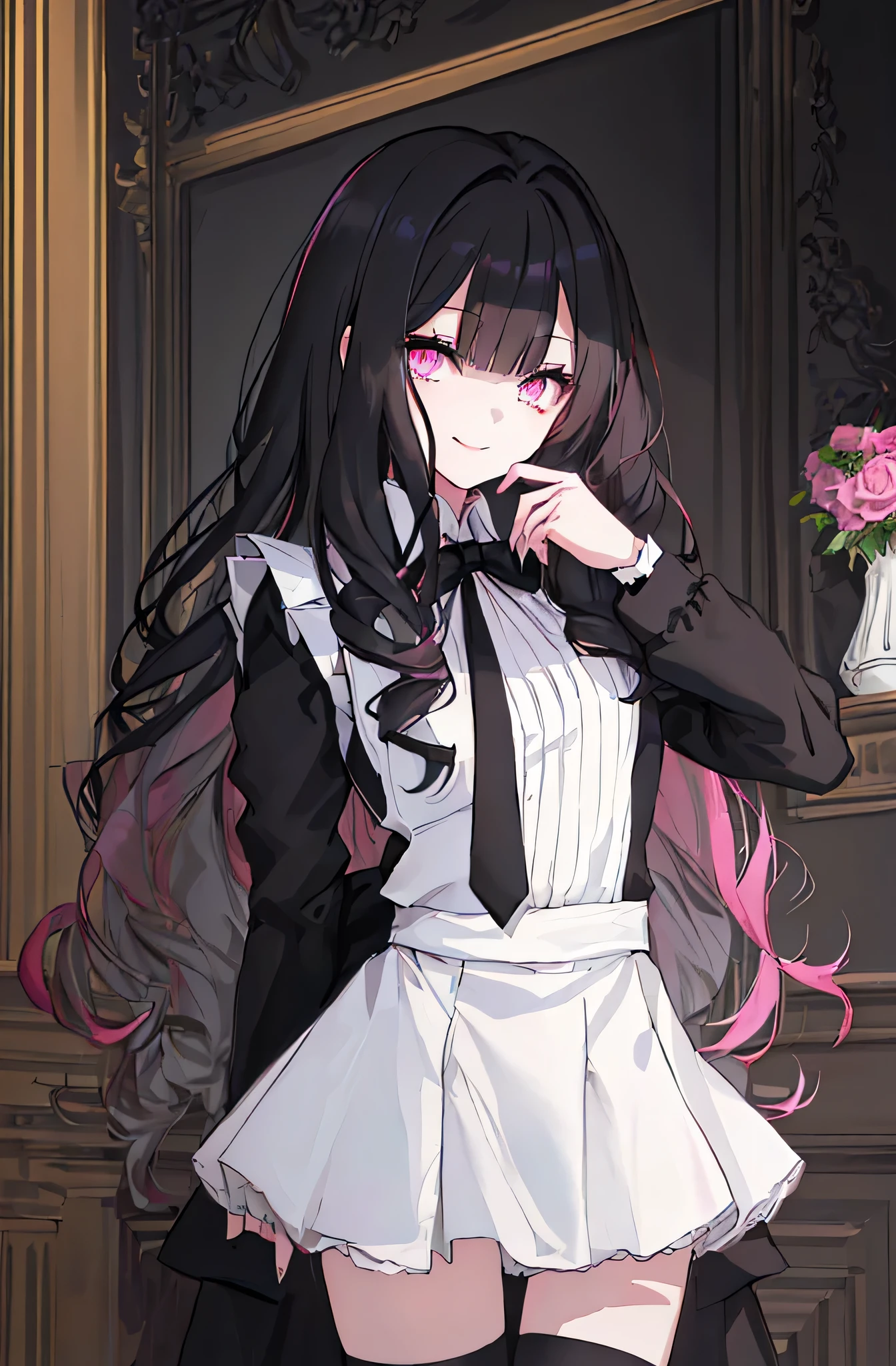 [(party background:1.4)::5],original,(illustration:1.1),(best quality),(masterpiece:1.1),(extremely detailed CG unity 8k wallpaper:1.1), (colorful:0.9),(mid shot:0.95),(highly detailed beautiful face and eyes),(solo:1.2), (girl),(((adult))), (detailed beautiful eyes:1.15), (beautiful face:1.15), (glowing pink eyes:1.25////),(black long hair),(blunt bangs),(+perfect hand+:1.21),(Draw an illustration of cute girl),(Religious),(slender),(wearing suits),white skin,(white and black maid clothes),laugh,smile,((((adult)))),standing,blcak and white clothes,((black long hair)),((black long hair)),((black long hair)),((black long hair)),