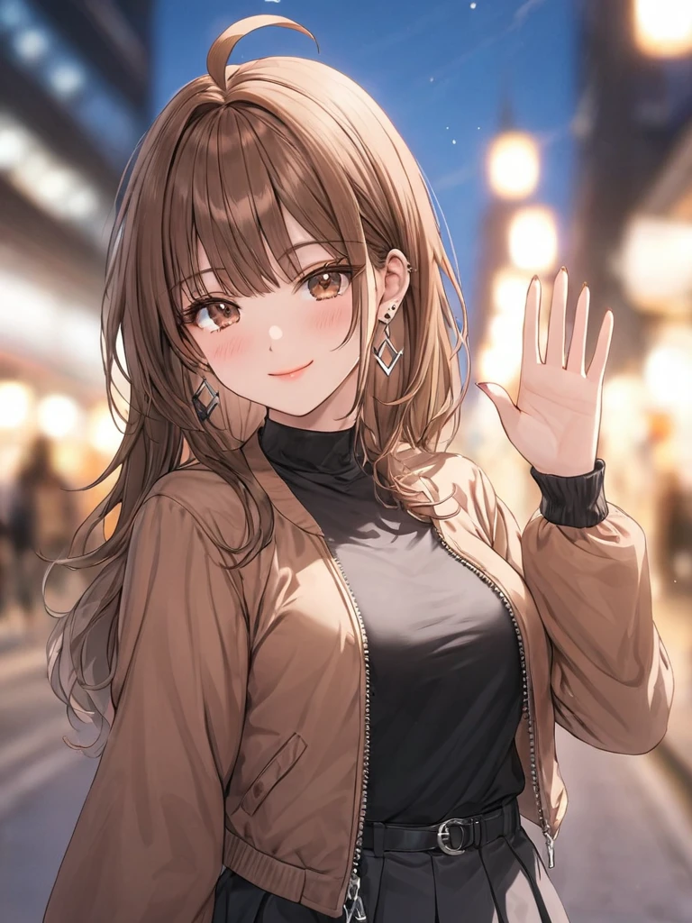 ((masterpiece, best quality)), very aesthetic, absurdres, One girl, Ahoge, bangs, black skirt, black sweater, Blurred, Blurred background, chest, Brown eyes, Brown Hair, brown Jacket, Mouth closed, Day, Depth of written boundary, Earrings, eyelash, Raise your hand, Tilt your head, Jacket, jewelry, Long Hair, Long sleeve, View Viewer, medium chest, Manicure, Open clothes, open Jacket, Outdoor, Pursed lips, Tucked in shirt, Side Lock, skirt, Sleeves are longer than the wrist, alone, sweater, Upper Body, zipper, smile,